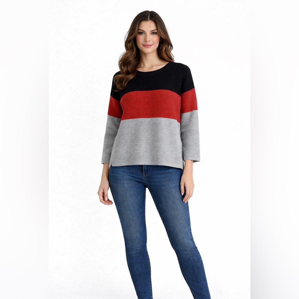 NorthCrest Color Block Black Grey Orange Textured Sweater